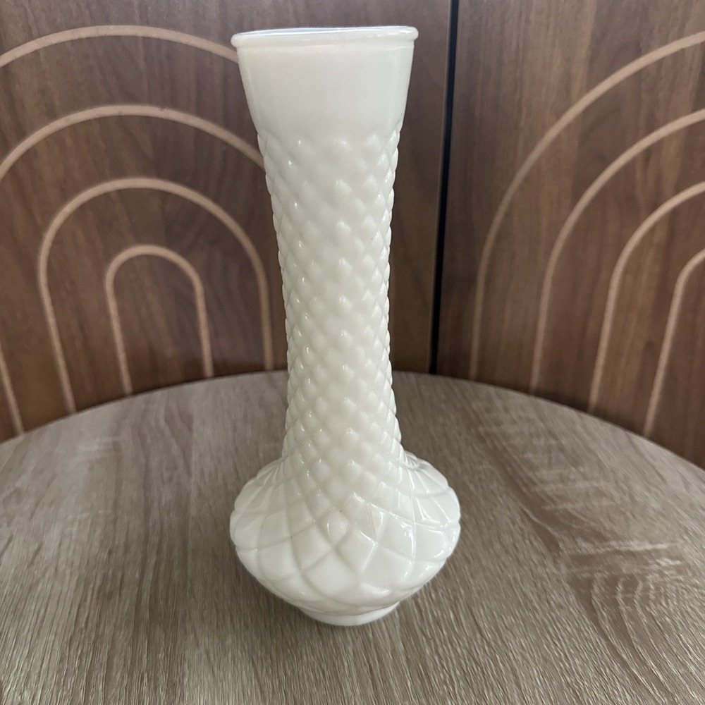 Vintage RANDALL White Milk Glass Bud Vase Diamond Embossed Bud Vase 9" as is